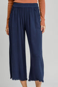 Plus-size wide-leg pants with elastic waistband, dark blue.