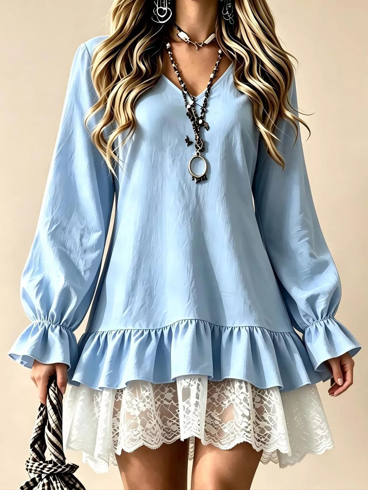 Flounce sleeve V-neck lace hem dress in sky blue with ruffled hem and lace trim