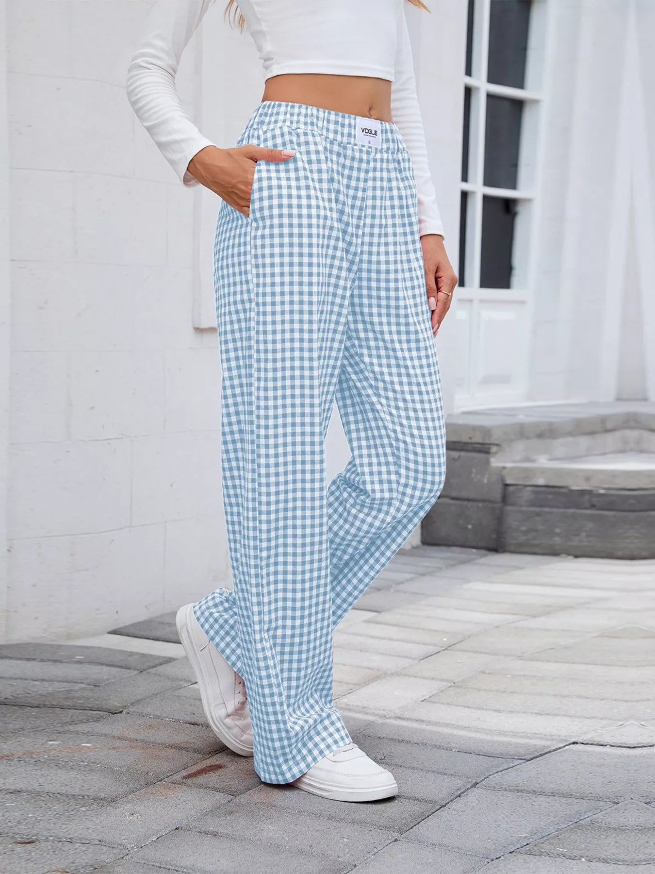 Light blue and white plaid wide-leg casual pants with elastic waist and pockets