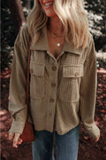 Taupe textured collared long-sleeve shacket with button front and chest pockets