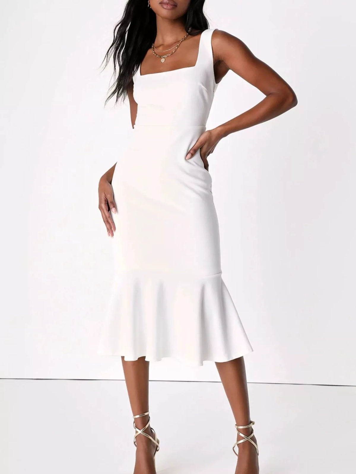 Sleeveless square-neck ruffled midi dress, white with square neckline and flared hem