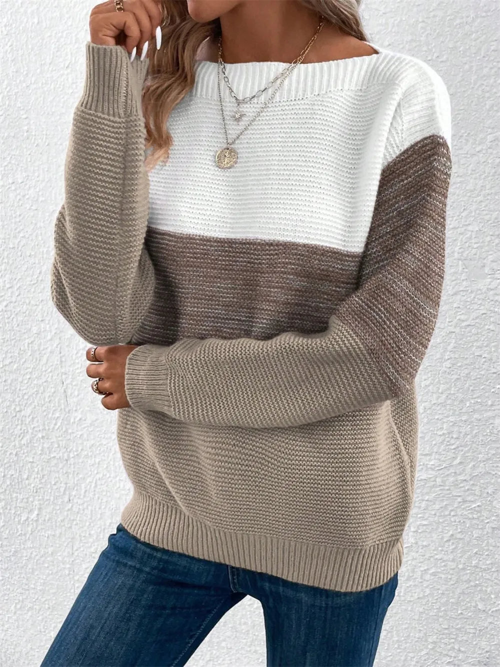 Color-block long sleeve sweater with white upper and taupe-brown sleeves