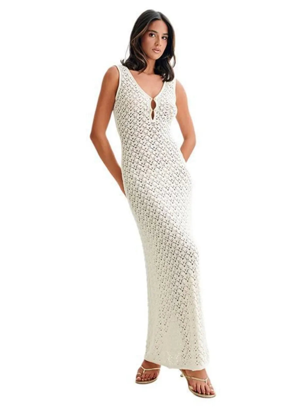 White openwork sleeveless maxi dress with V-neck and scalloped crochet texture