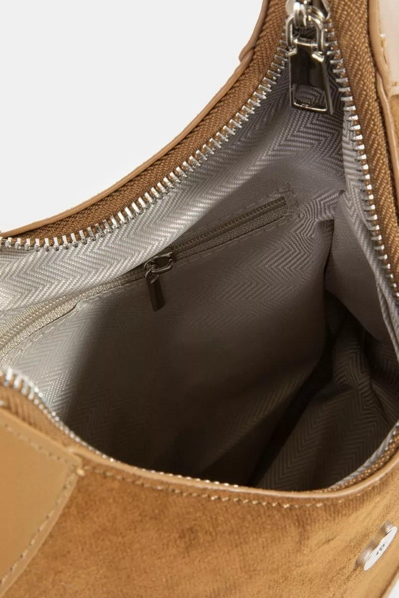 Fame Leather Accent Suede Crescent Shoulder Bag, tan with leather trim and grey chevron lining, interior zip pocket