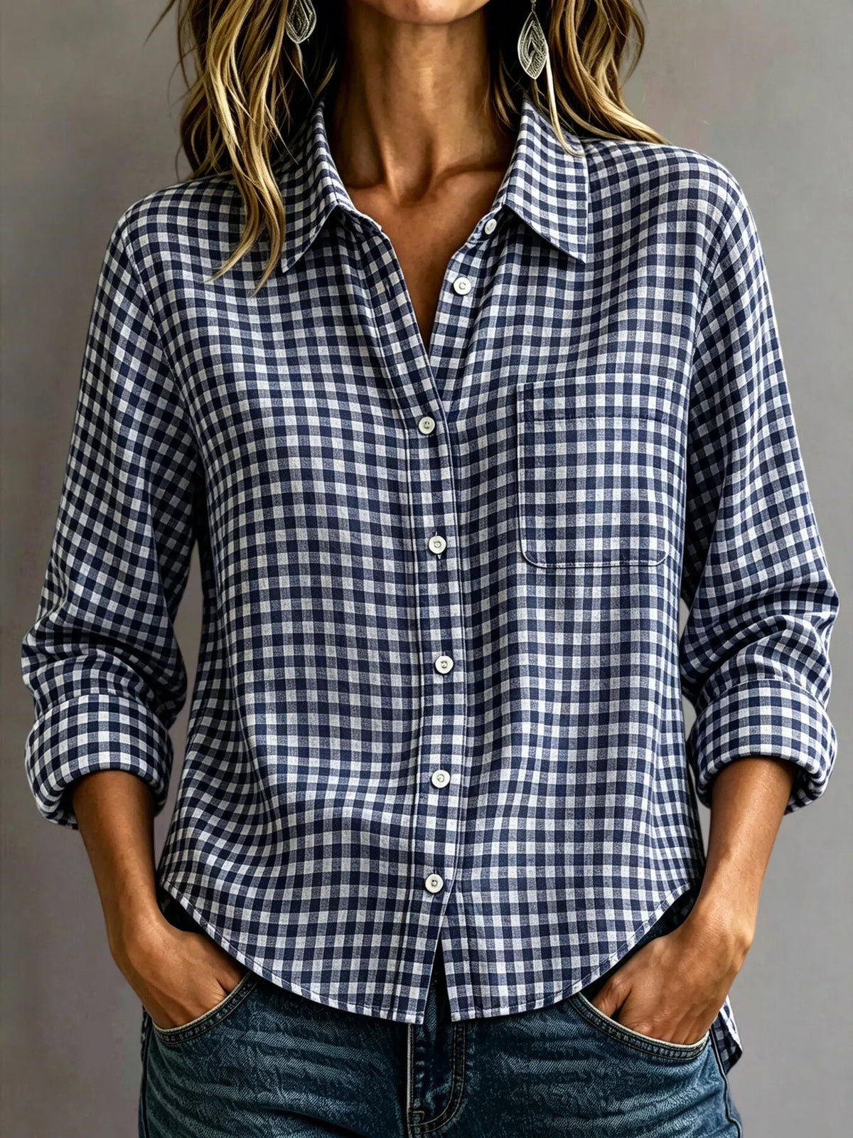 Light blue gingham button-down shirt with long sleeves and chest pocket