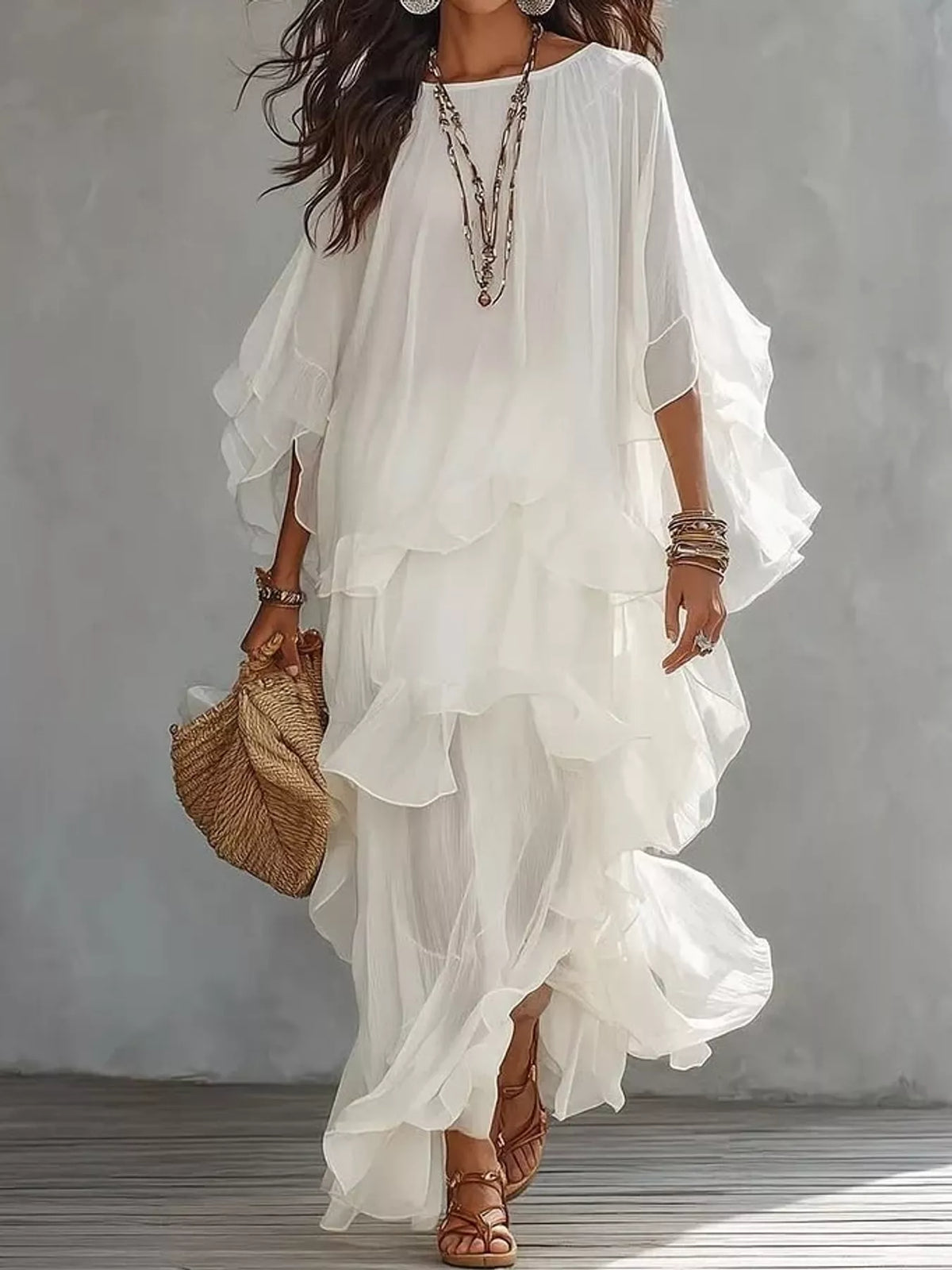 White ruffled layered bohemian maxi dress with tiered flutter sleeves