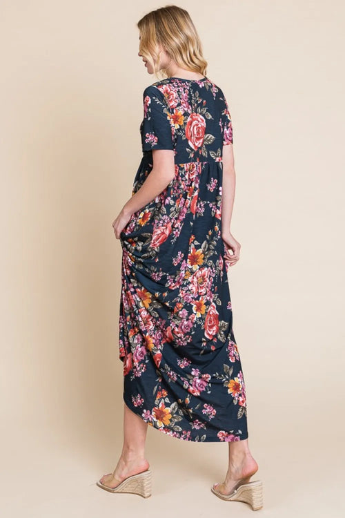 Floral maxi dress, short sleeves, dark navy with rose prints, back view