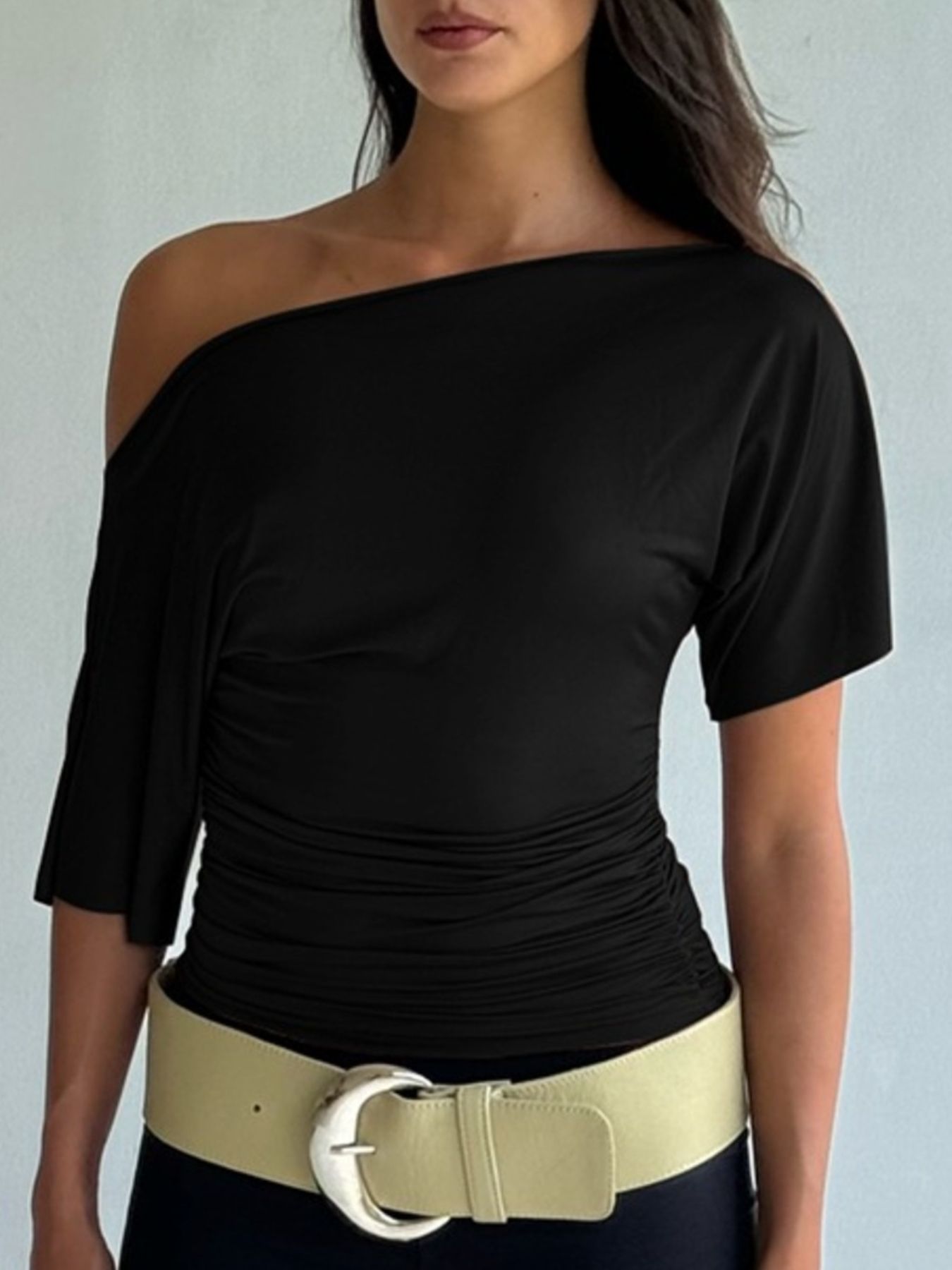 Cedar & Moore One Shoulder Short Sleeve T-Shirt, black with ruched detail