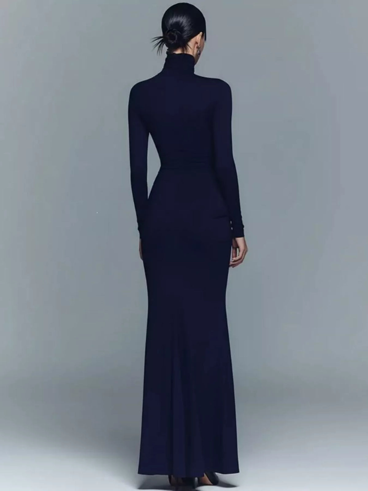 Dark blue long-sleeve turtleneck maxi dress, ruched waist and draped skirt