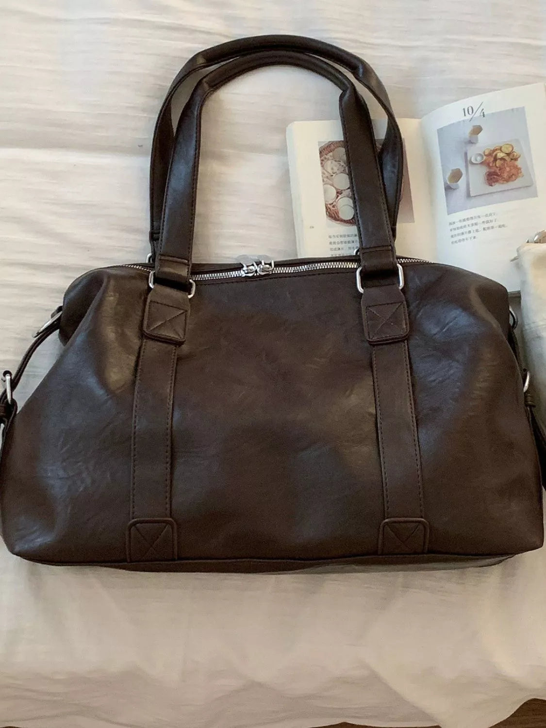 Leather PU shoulder bag with charm, brown, large, top zipper, two handles