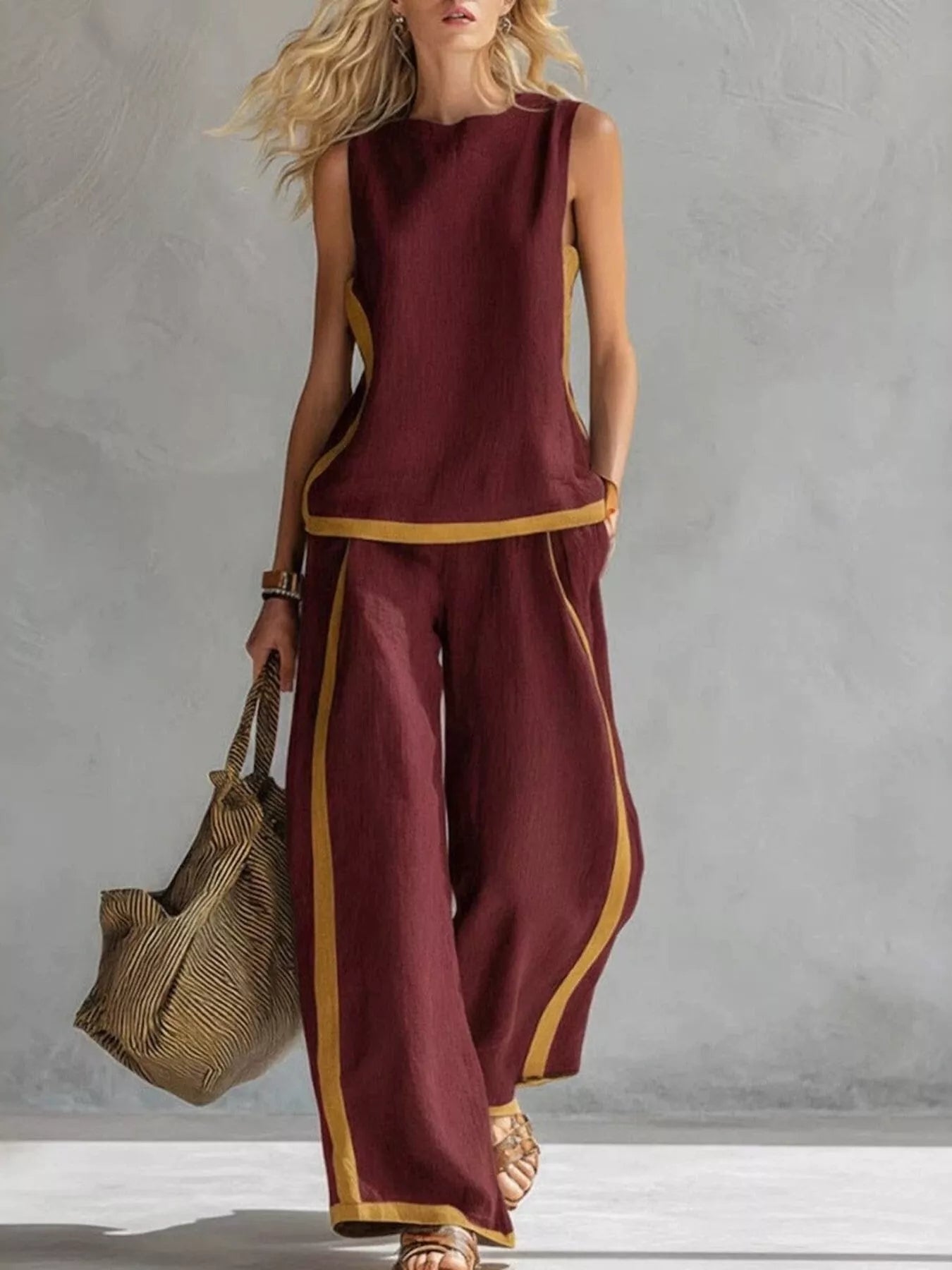 Burgundy sleeveless top and wide-leg pants set with gold contrast trim