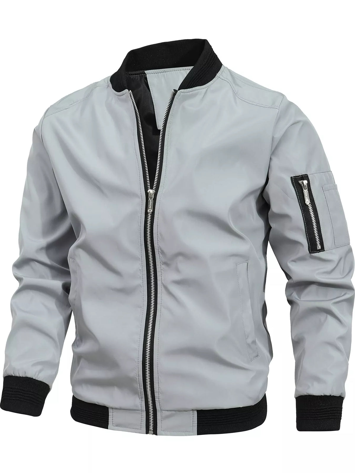 Men's lightweight bomber jacket, light gray front with full zipper and ribbed cuffs