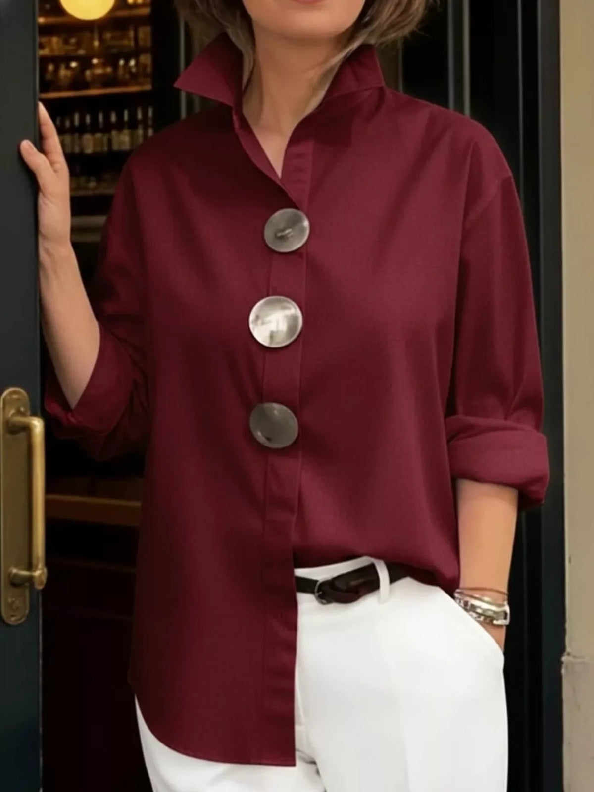 Wine red oversized long-sleeve button shirt with metallic round buttons and point collar