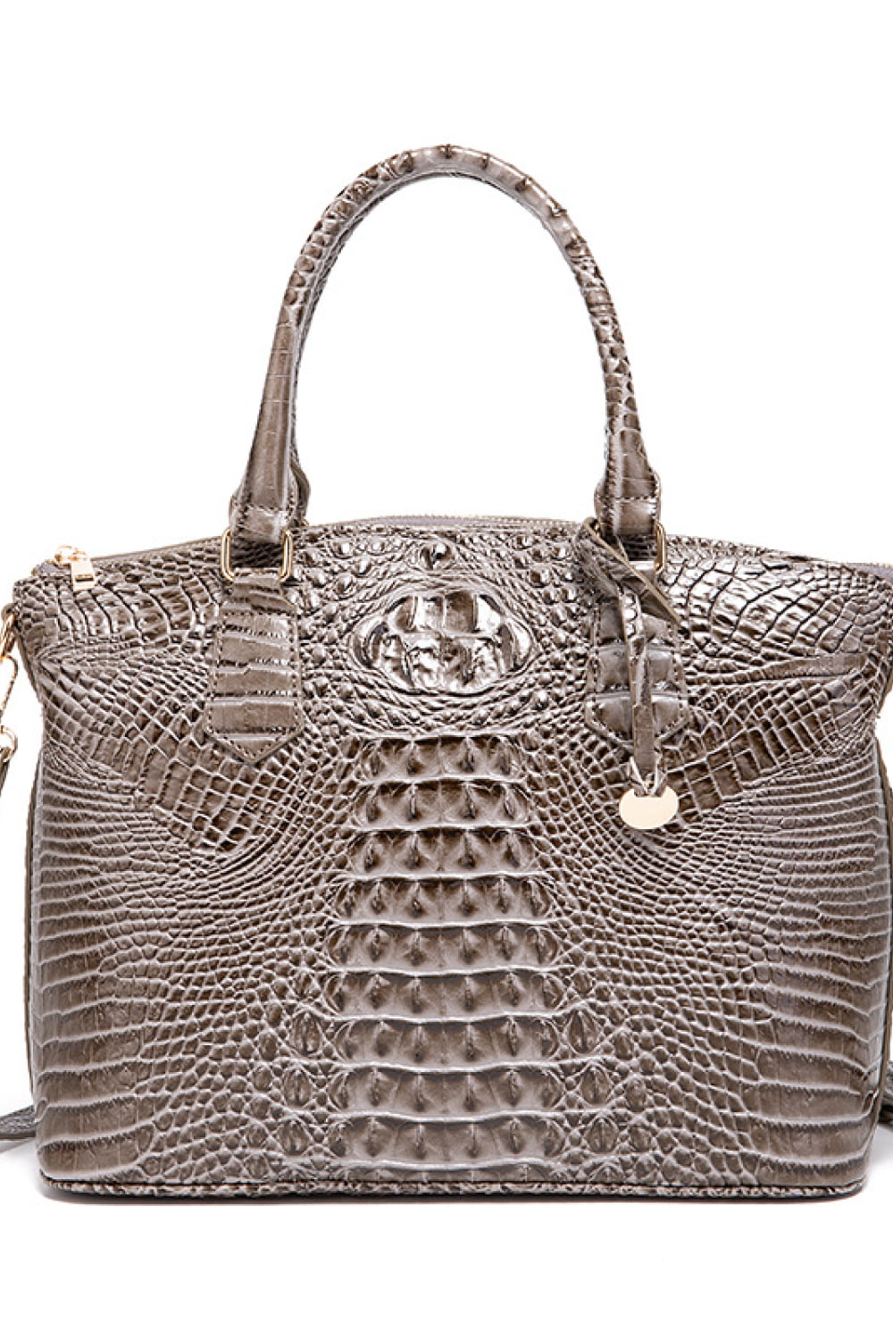 Croc-embossed vegan leather handbag in light gray with top handles and front emblem