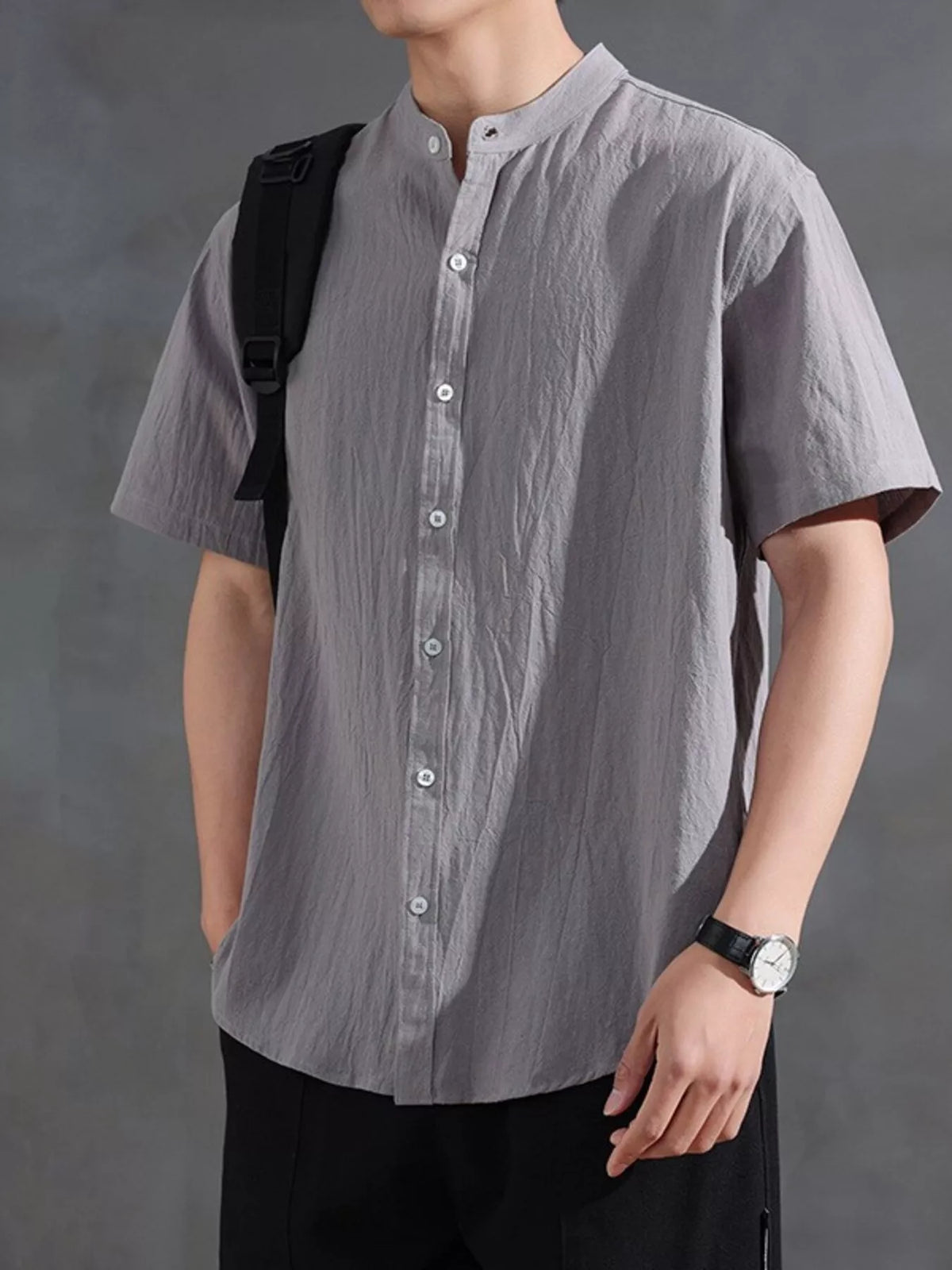 Gray short-sleeve button-front cotton-blend shirt with band collar