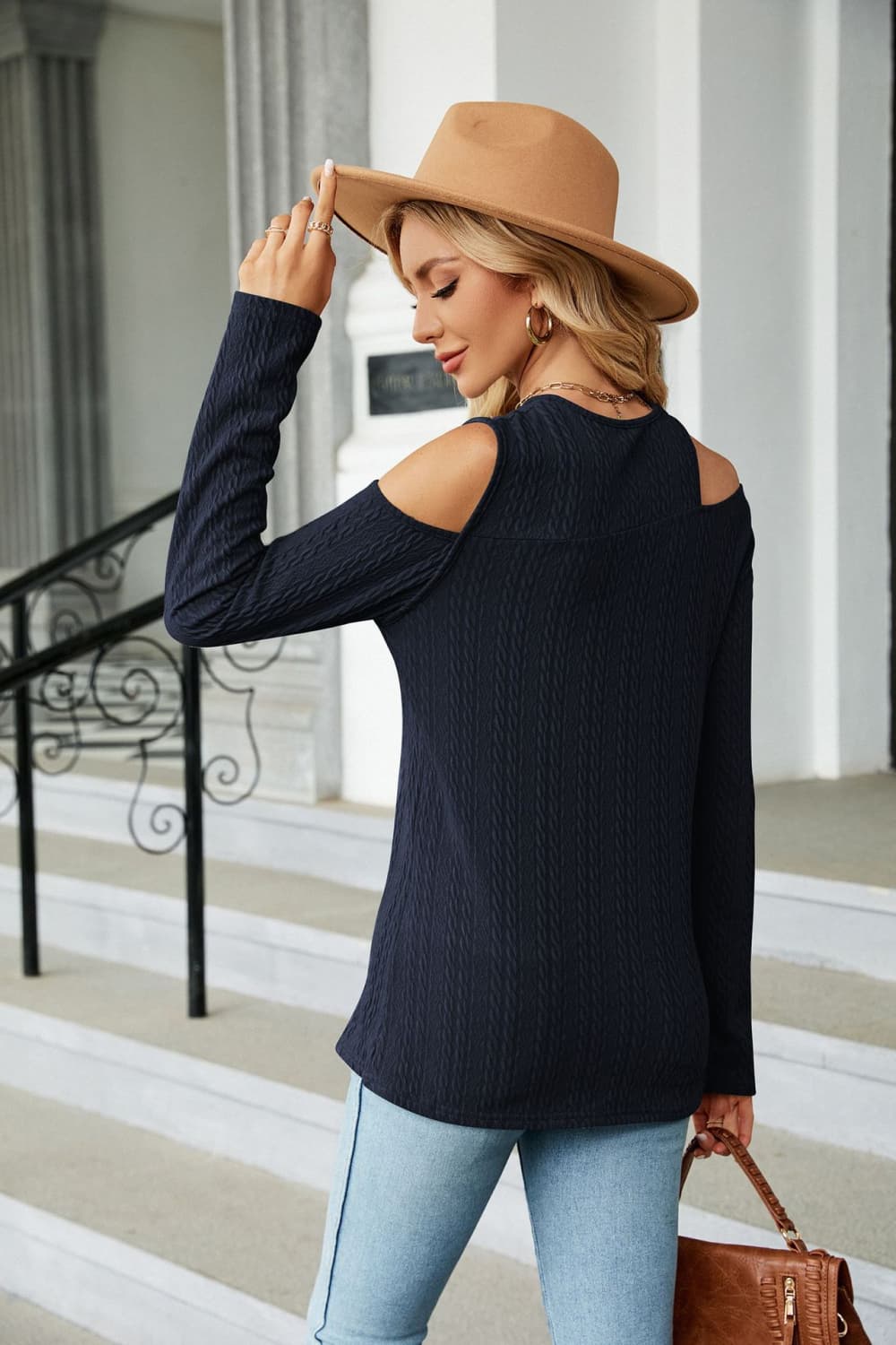 Dropped-shoulder long sleeve blouse, dark navy textured knit with shoulder cutouts