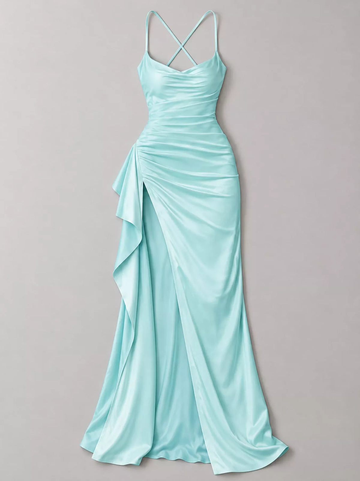 Light blue satin maxi dress with spaghetti straps, ruched waist, and side slit