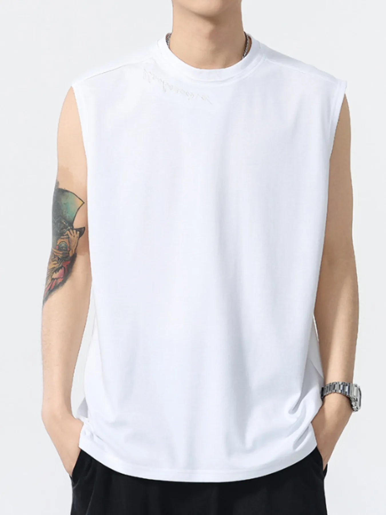 White sleeveless round-neck tank top, side view, straight hem