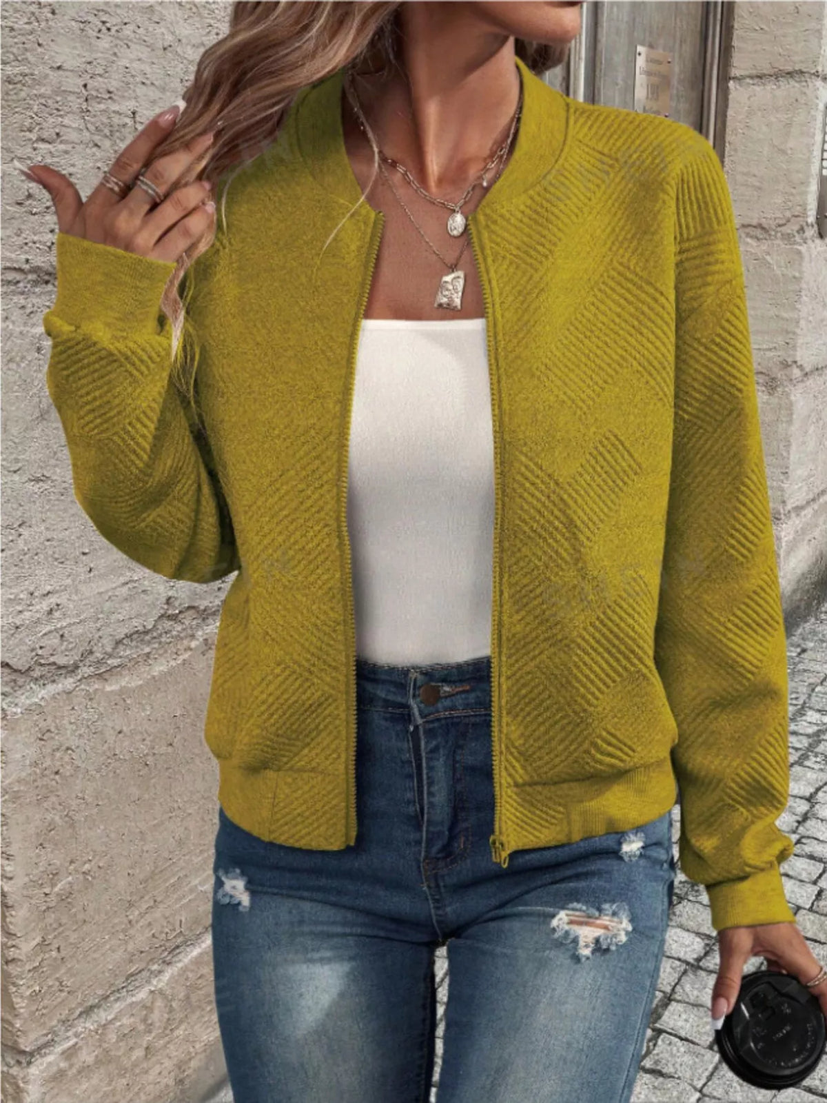 Mustard textured knit zip bomber jacket with stand collar and front zip
