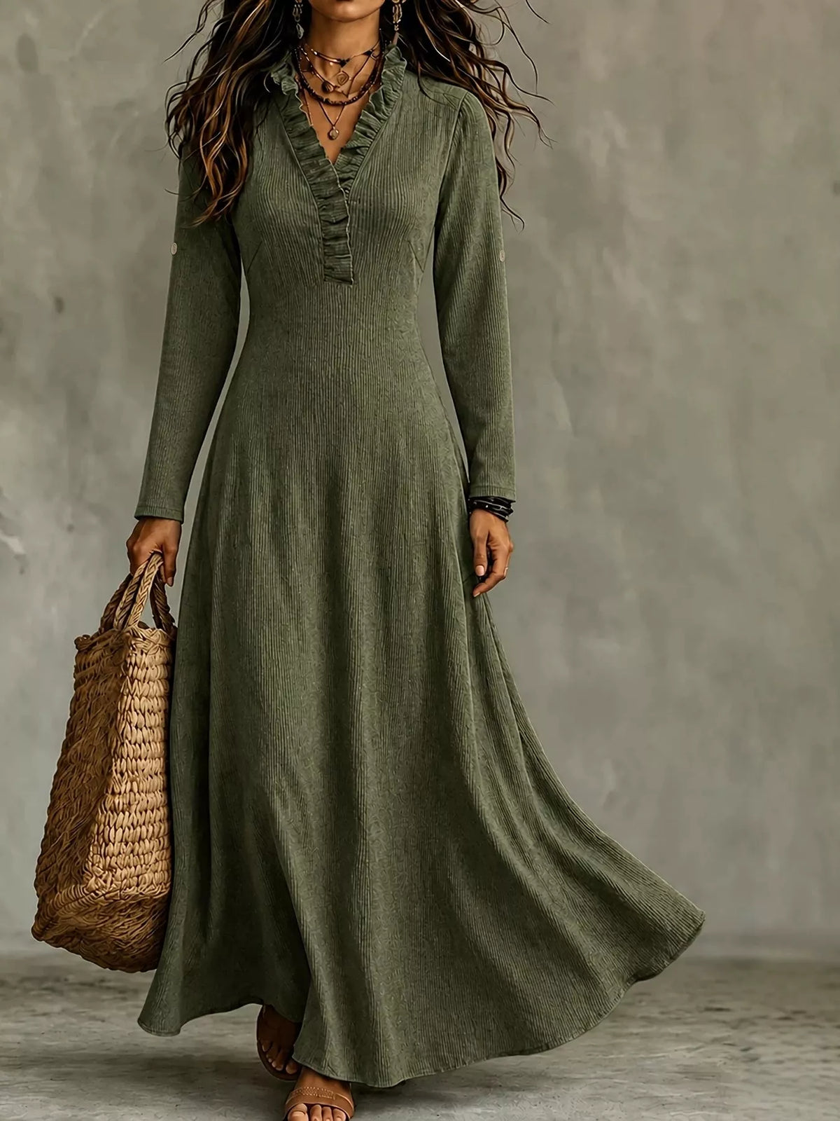 Olive green maxi dress with V-neck ruffled trim, long sleeves, and full A-line skirt
