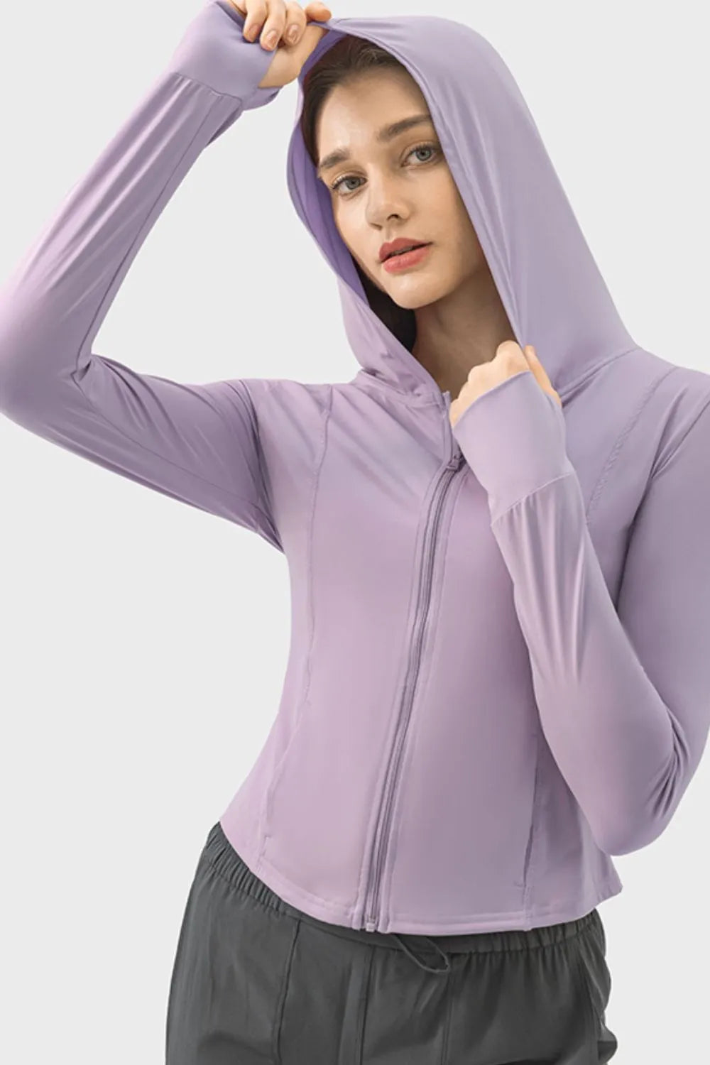 Lavender zip-up hooded long sleeve jacket with kangaroo pocket, hood up