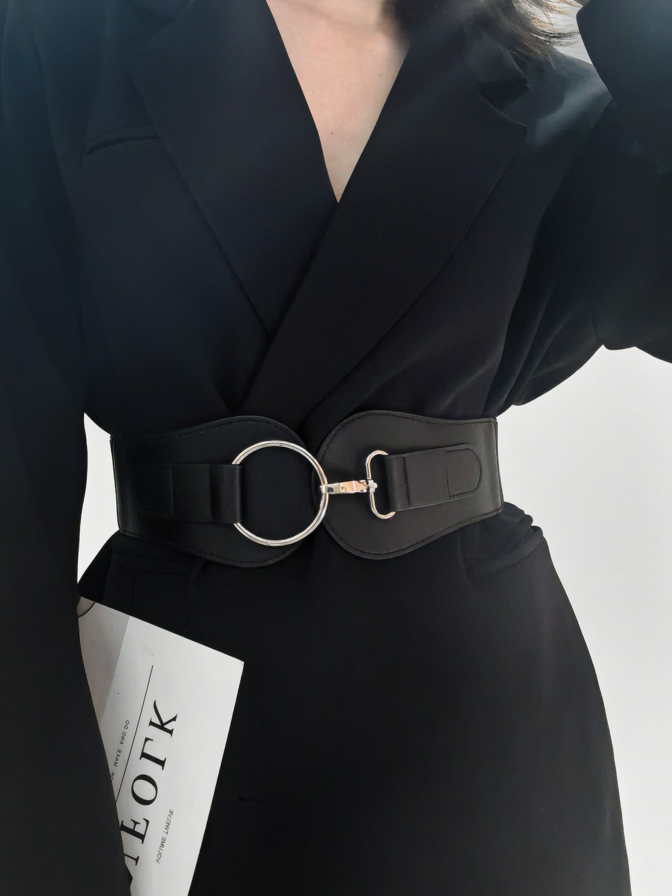 Black vegan leather wide elastic belt with O-ring buckle and double strap details
