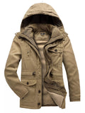 Men's khaki hooded zip-up winter jacket with sherpa lining and chest pocket