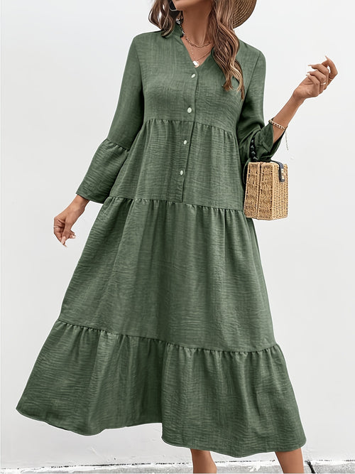 Dark green tiered midi dress with button placket and long bell sleeves