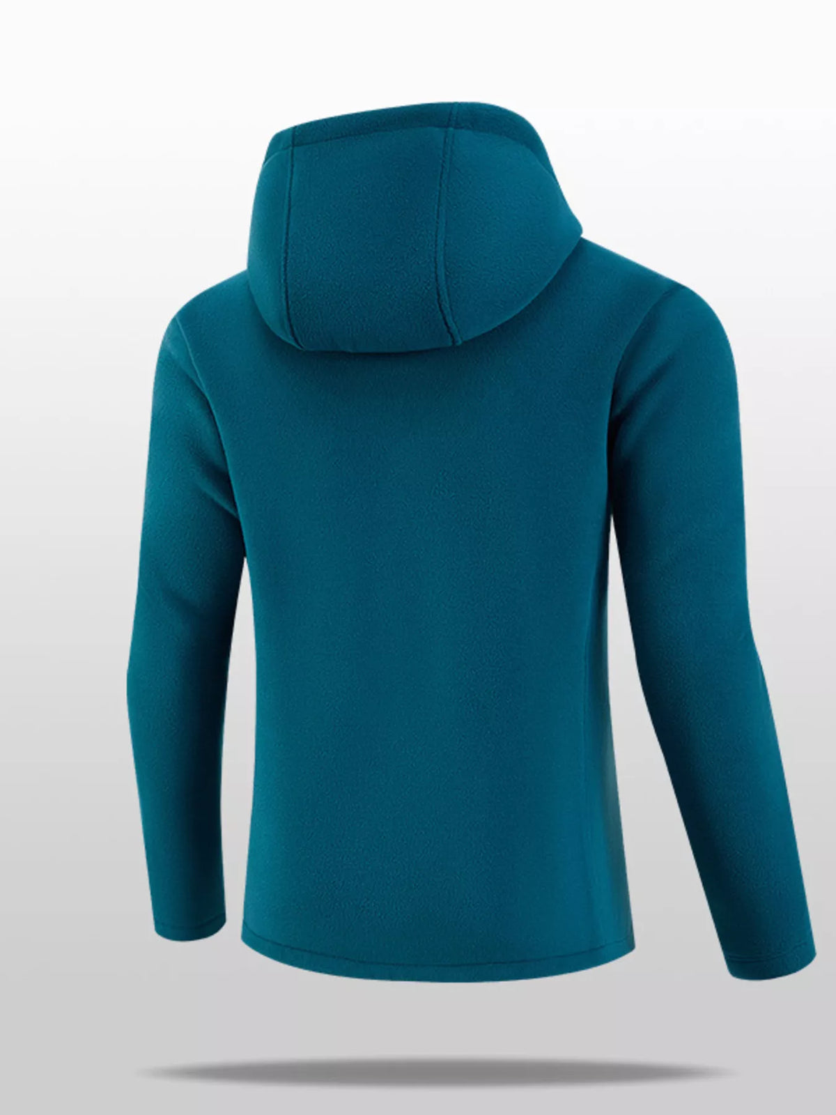 Men's deep teal hooded fleece full-zip jacket, back view with hood
