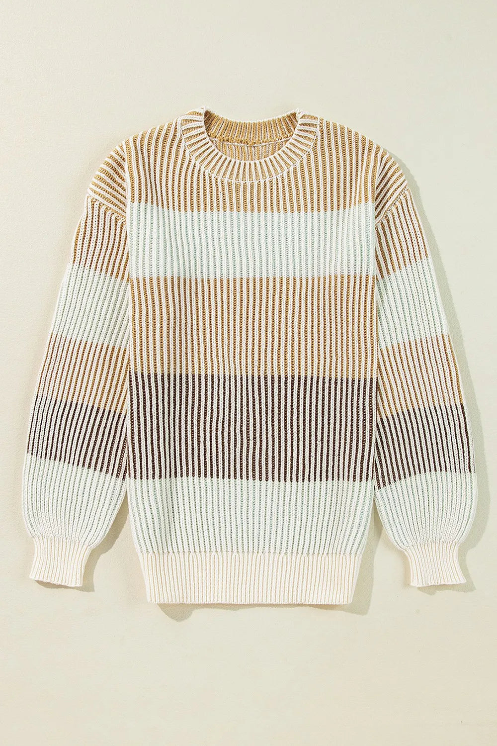 Color-block striped long-sleeve sweater in tan, cream, and dark brown; ribbed cuffs