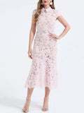 Cedar & Moore Floral Lace Short Sleeve Midi Dress in blush pink with belt