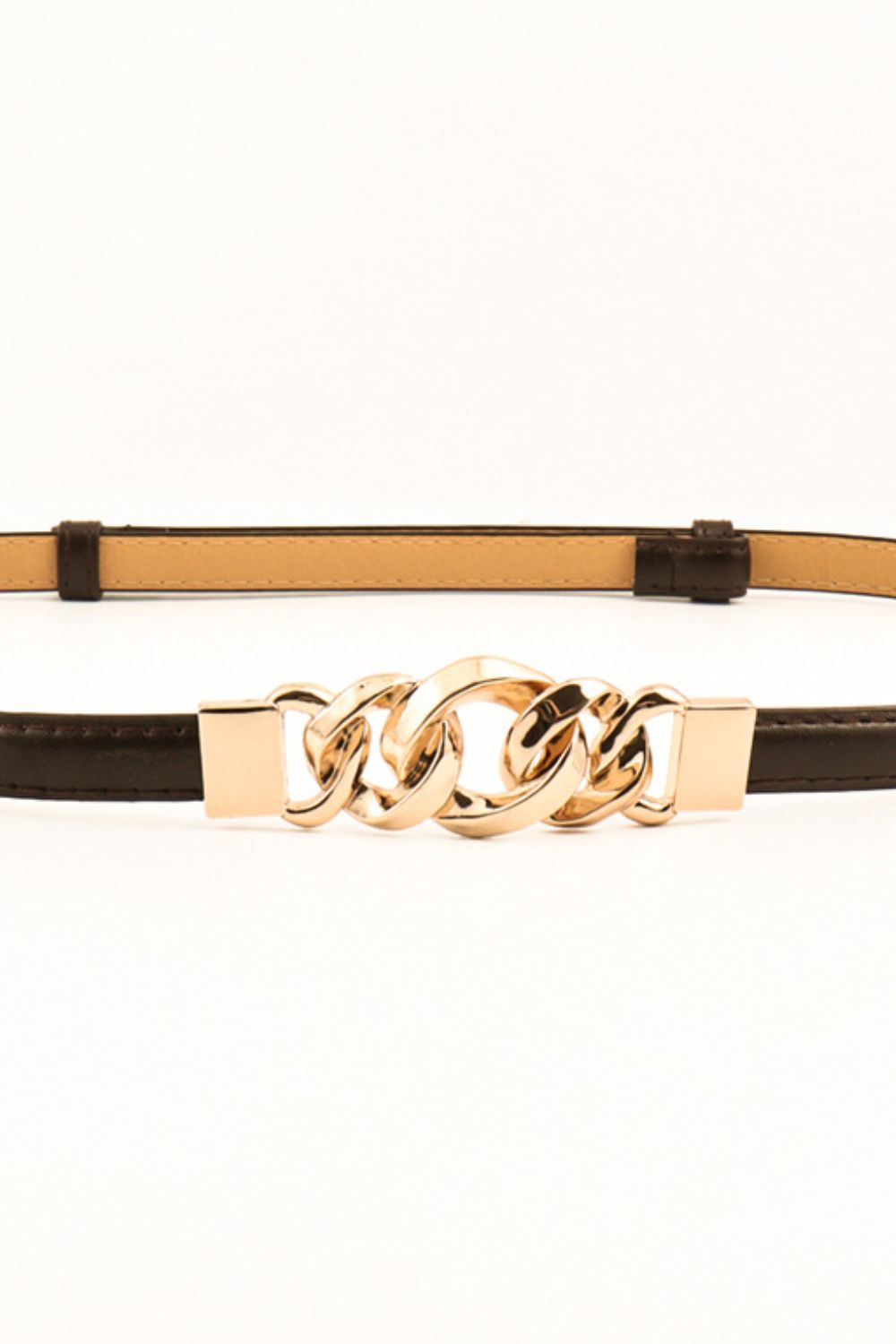 Skinny vegan leather belt buckle detail with gold chain links, tan and dark straps