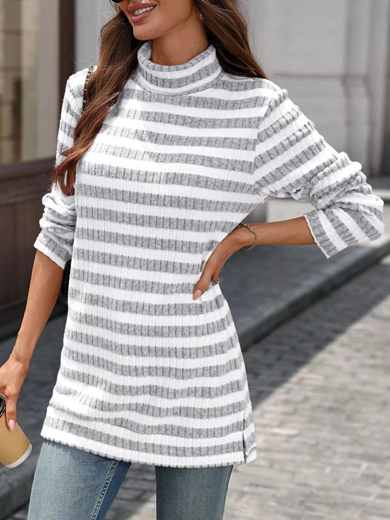 Striped turtleneck long sleeve knit top in white and gray, ribbed high neck