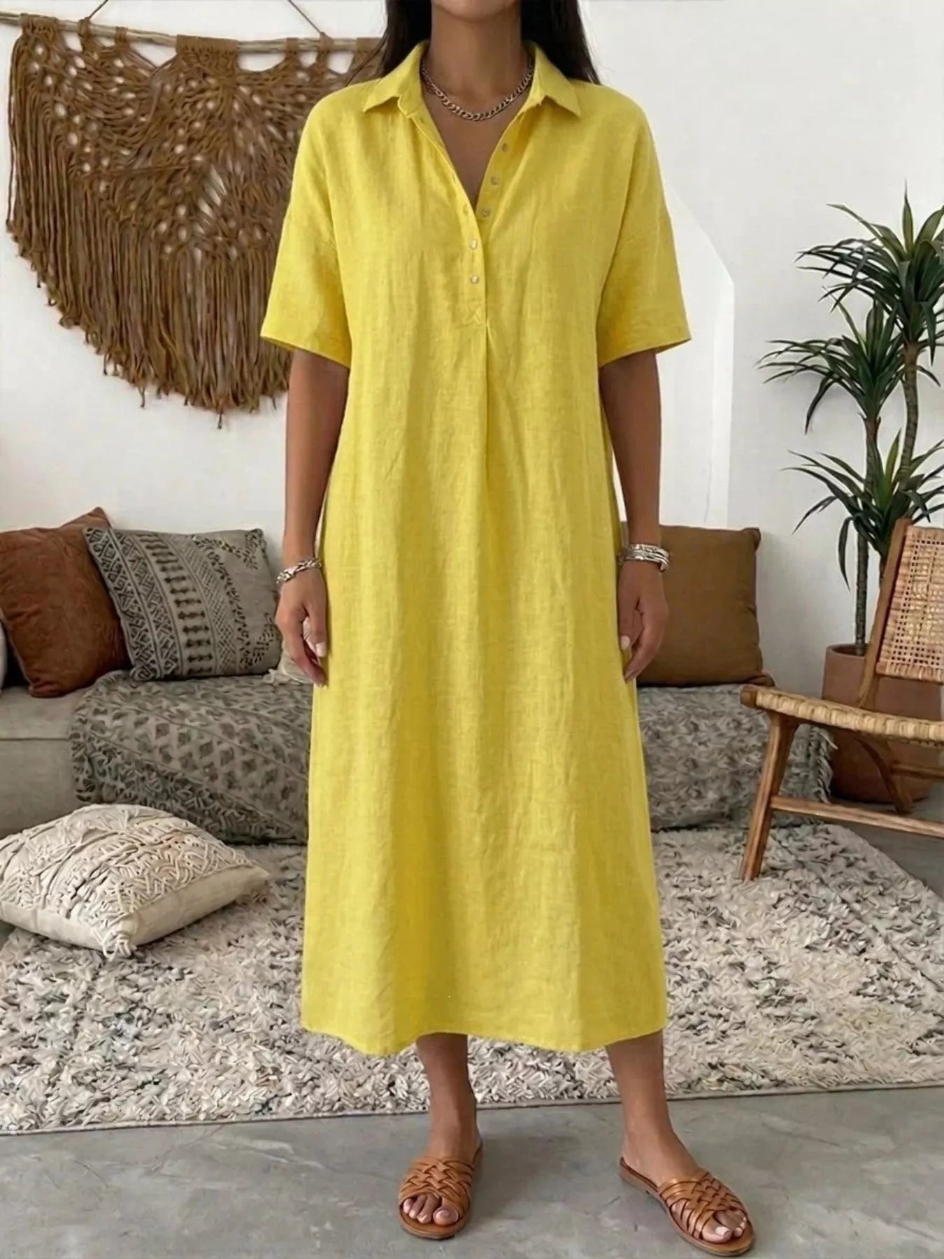 Yellow button-detail half-sleeve dress, midi length with front placket