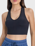 Scoop neck wide-strap active tank, dark ribbed knit front