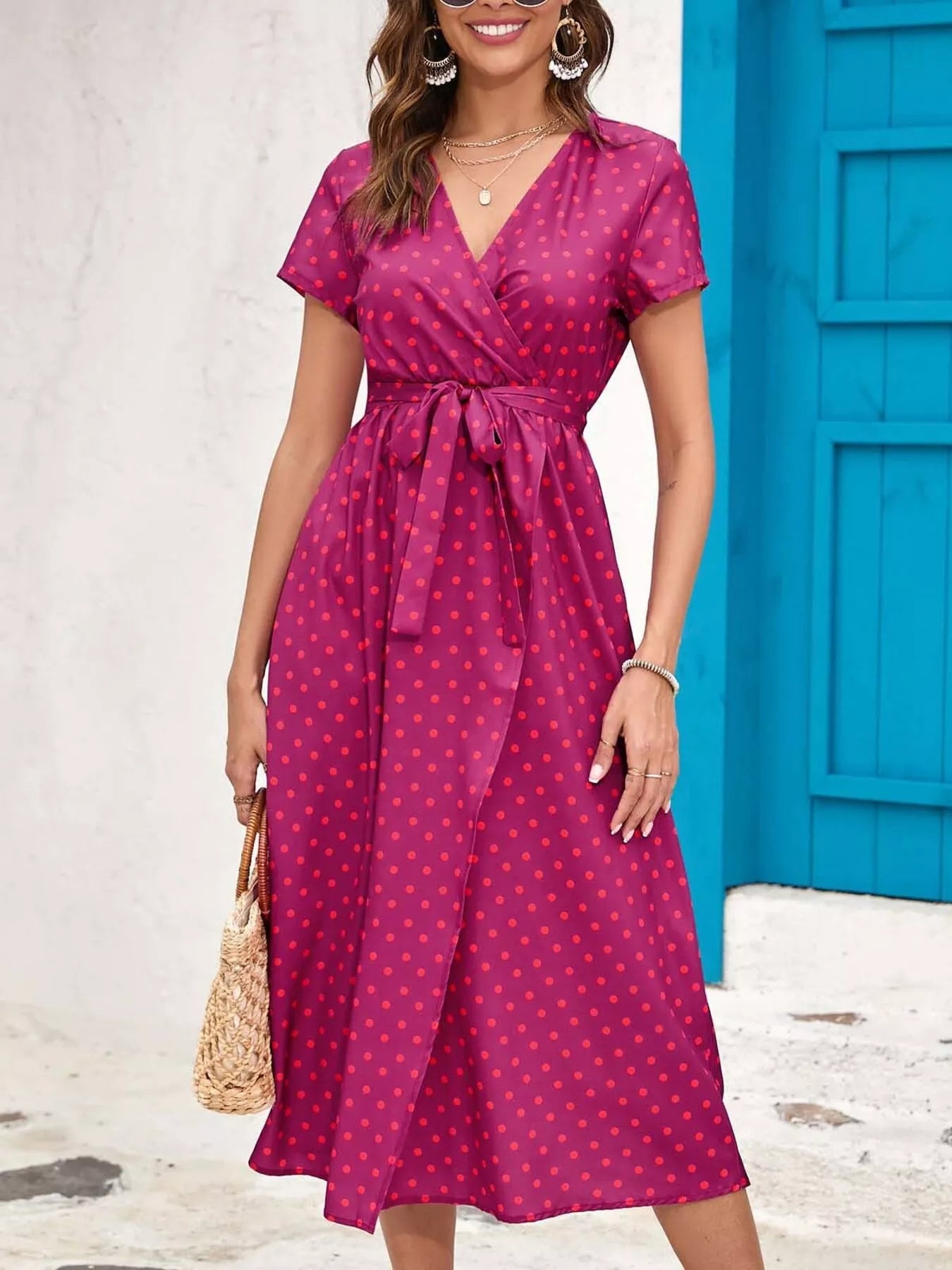 Magenta surplice short-sleeve midi dress with tiny polka dots and tied waist