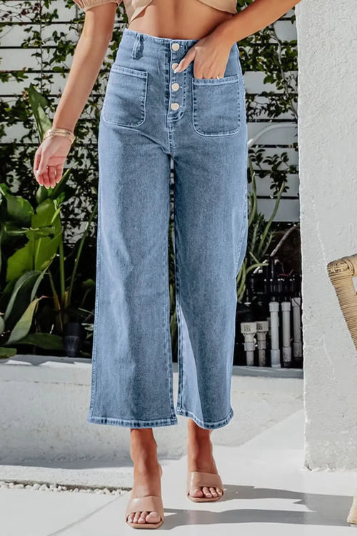 Light blue cropped wide-leg jeans, button-fly front, patch pockets, metal buttons