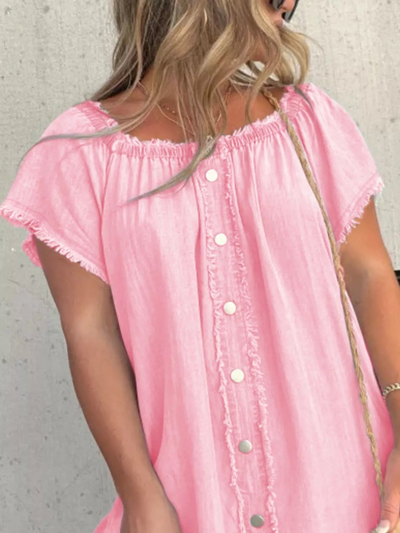 Cedar & Moore pink off-shoulder button-down dress with frayed edges, plus size