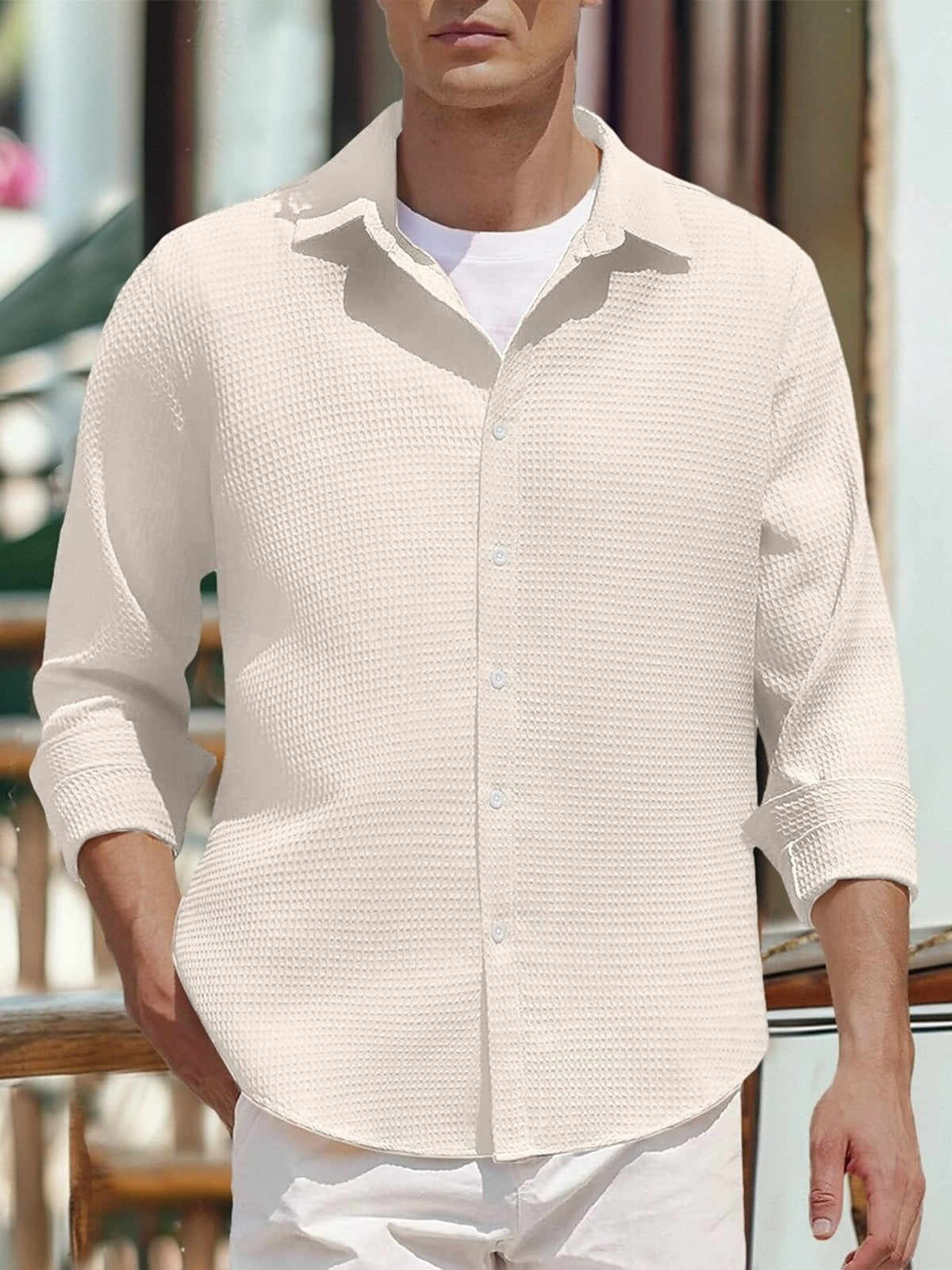 Men's white waffle knit cotton button-front shirt with spread collar and long sleeves