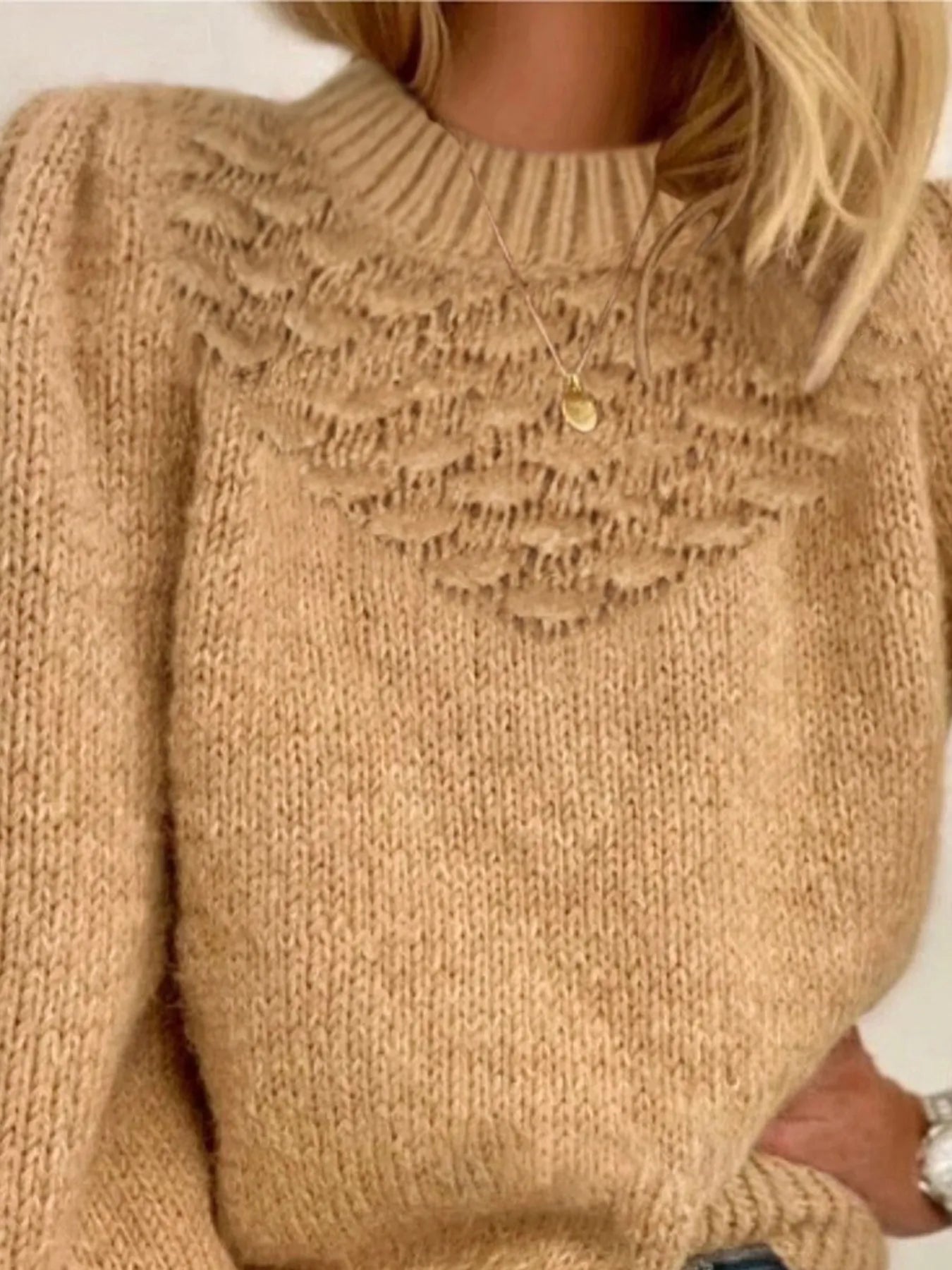 Khaki textured knit round neck long sleeve sweater with decorative yoke detail