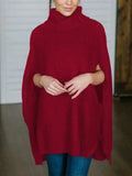 Burgundy turtleneck slit sweater with ribbed knit and draped side hem.