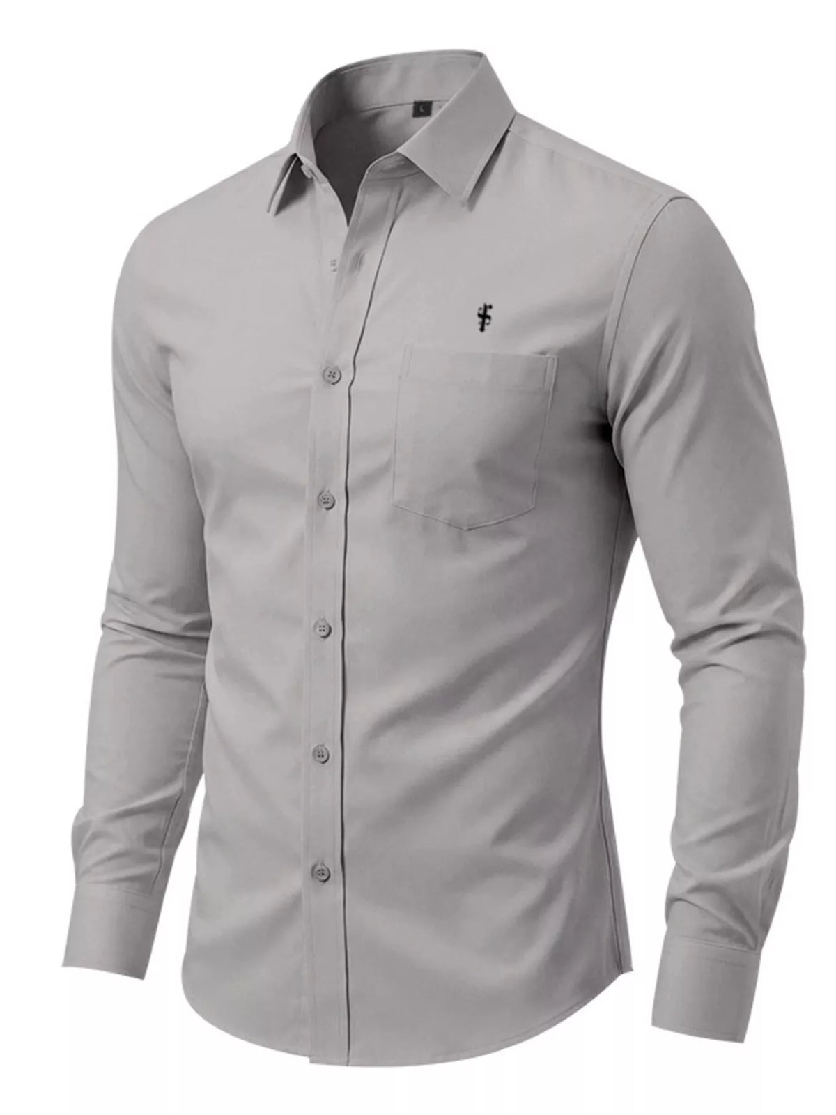 Men's light-gray long-sleeve button-up cotton shirt, front view, chest logo