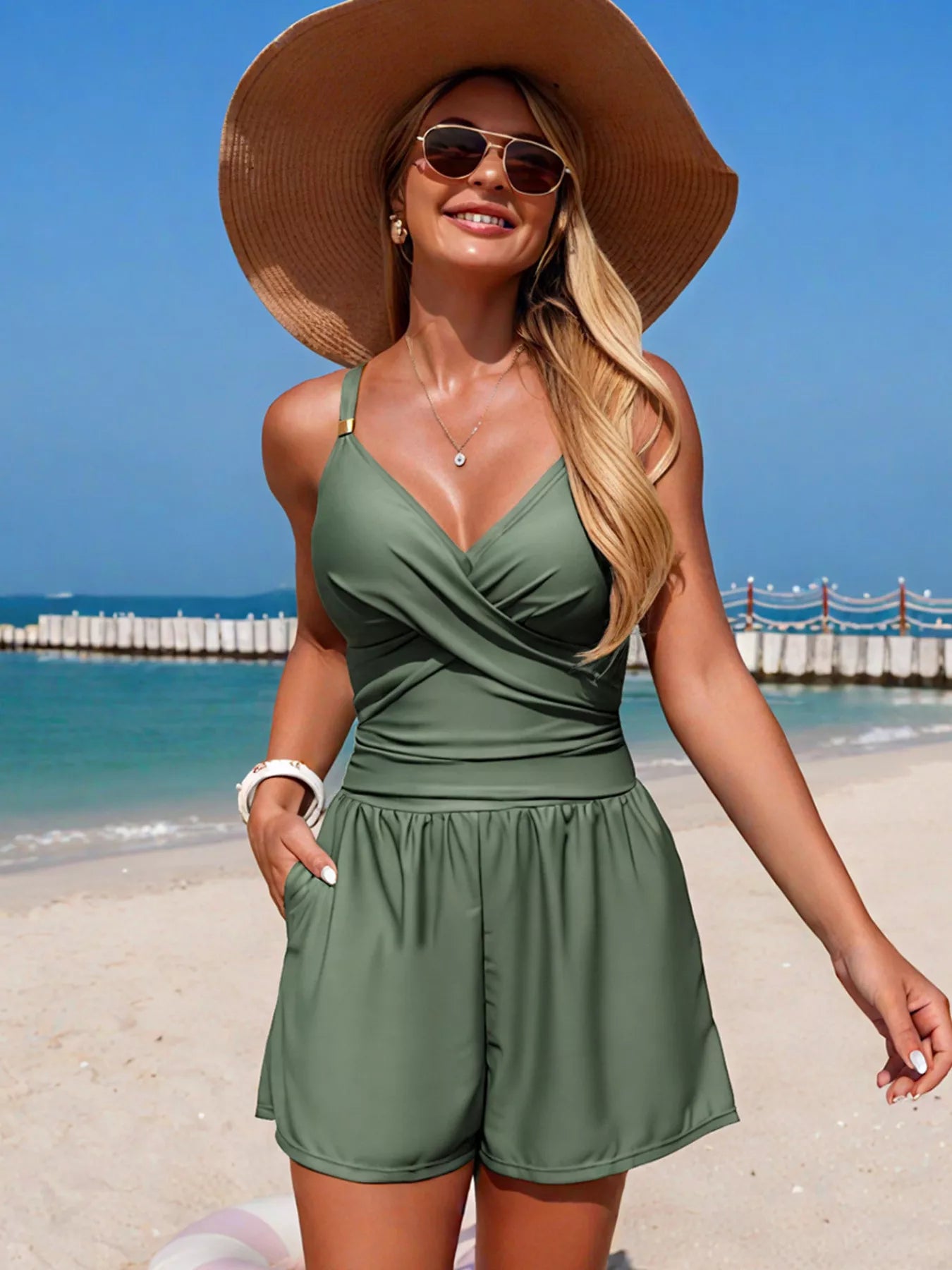 V-Neck Spaghetti Strap One-Piece Swimsuit in sage green with wrap-front top and shorts-style bottom