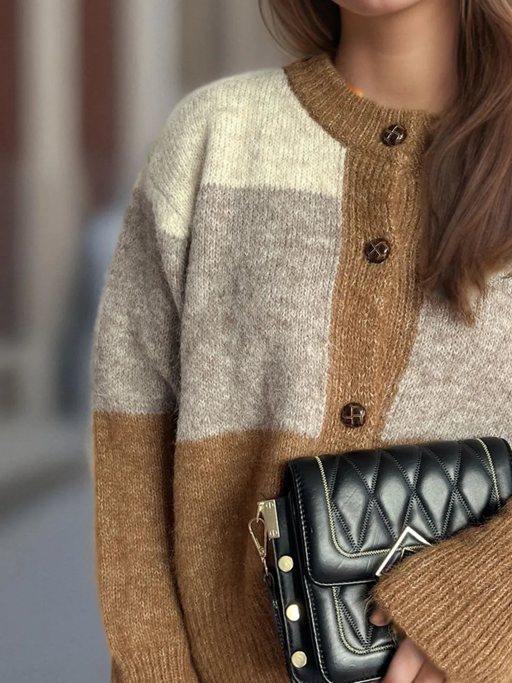 Color-block button-up cardigan in camel brown and cream, round neck, button front