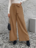Caramel tied high-waist wide-leg pants with bow waistband, front view