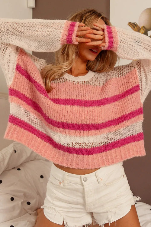 Striped knit sweater, ivory with pink and magenta horizontal stripes; wide open sleeves