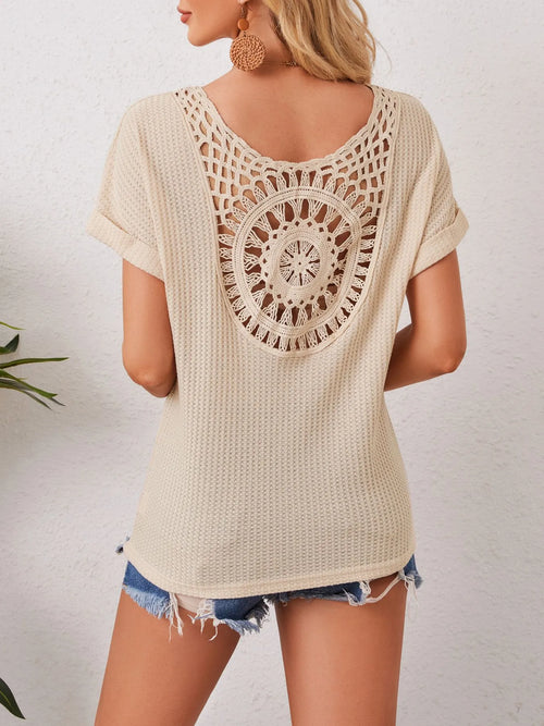 Boho crochet back knit T-shirt, khaki knit with circular lace back cutout