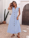 Cedar & Moore Ruffle Sleeve Button Front Midi Dress in blue-and-white stripes with front buttons.