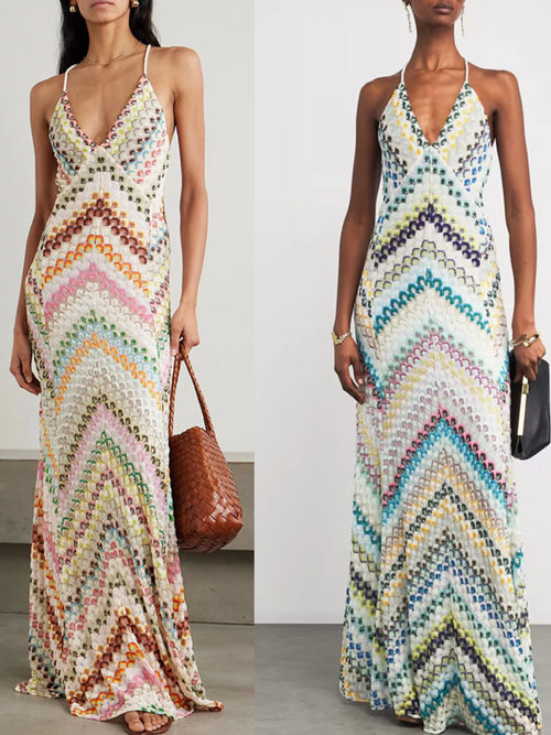 Backless spaghetti-strap maxi dress with multicolor zigzag sequin pattern