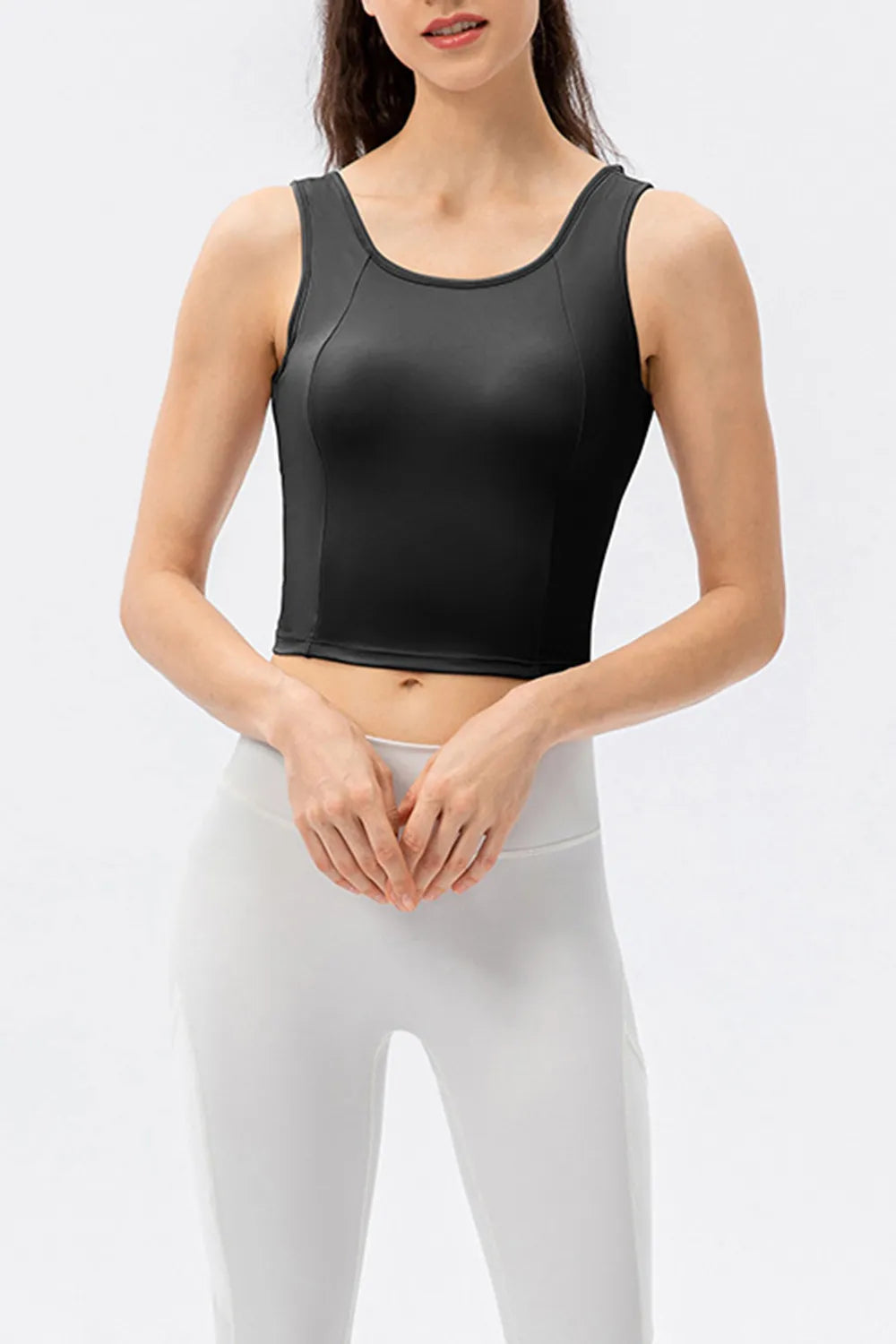 Black active tank top with wide straps and round neckline